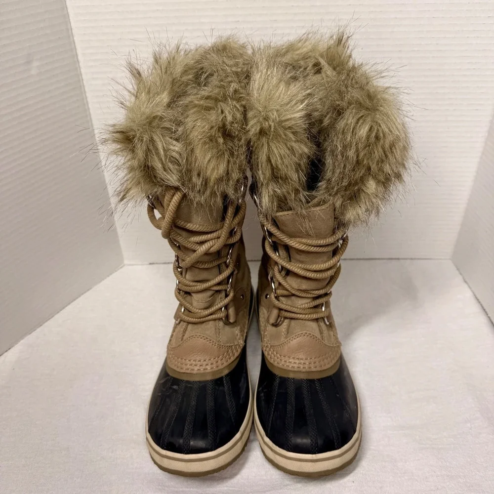 Sorel Joan of Arctic Boots Women 6.5 Waterproof Snow Faux Fur Camel Navy NL3481